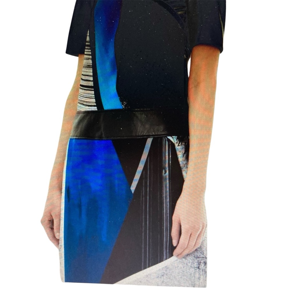 HELMUT LANG | NWT ‘Fracture’ Print Crepe & Leather Dress Blue Multi Size 6 NWT